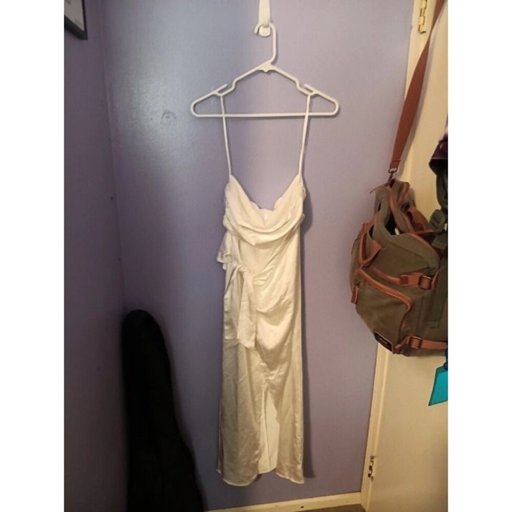 White strapless formal party prom dress with slit and tie by selfie leslie
